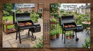 A scale comparison showing a large-capacity offset smoker for garden parties versus a compact patio model for smaller spaces.