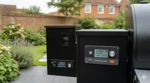 Digital temperature control panel on a pellet smoker, comparing the ease of use between Traeger and Pit Boss models.