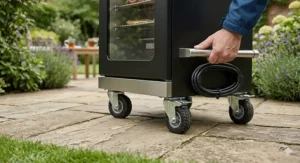 A cabinet-style smoker with heavy-duty wheels and a side handle for easy movement across a UK garden terrace.
