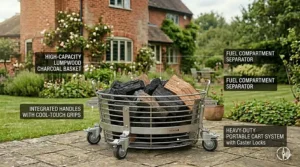 A portable fuel basket system for a drum smoker mounted on a heavy-duty cart with locking caster wheels.