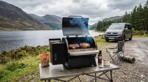 A portable small pellet grill being used at a British lakeside campsite next to a campervan.