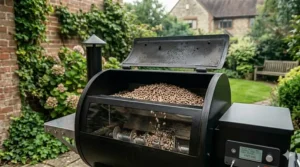 A detailed view of the digital control panel on a WiFi pellet smoker, showing precise temperature settings for consistent heat.