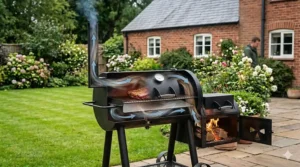 Diagram showing a reverse flow offset smoker design where smoke travels under a baffle plate before returning over the meat.