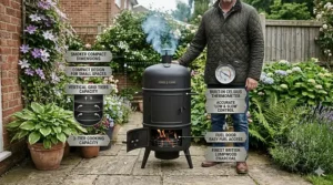 A compact Forge & Flame vertical smoker on a suburban UK patio, shown next to a person in a quilted jacket to illustrate the space-saving size.