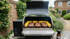A small pellet grill with the lid open showing its cooking capacity with several beef burgers and corn on the cob.
