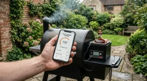 A close-up of a hand holding a smartphone showing the dedicated app used for remote temperature monitoring of a WiFi pellet smoker.