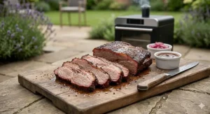 A perfectly smoked beef brisket sliced on a wooden board, prepared in a cabinet electric smoker for a family Sunday lunch.