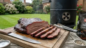 Sliced smoked beef brisket with a pink smoke ring, cooked on a charcoal smoker under £200.