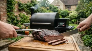 A tender, perfectly smoked brisket being sliced on a wooden chopping board, cooked to perfection on a WiFi pellet smoker.