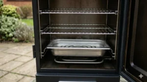 A diagram showing the placement of the water pan above the heating element to maintain humidity during the smoking process.