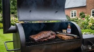 A slow-cooked beef brisket with a rich bark being monitored with a probe inside a horizontal offset smoker.
