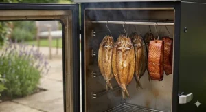 Freshly smoked kippers and salmon fillets hanging inside a vertical cabinet smoker, a classic British breakfast delicacy.