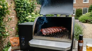 A rack of glazed ribs cooking inside a small pellet smoker with thin blue smoke rising from the unit.