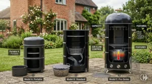 A comparison of three drum smoker models—Portable, Standard, and Pro-Series—on a stone patio in the UK.
