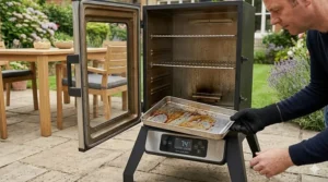 A wide-angle view of a traditional British patio and garden, providing the ideal outdoor setting for a barbecue.