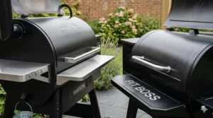 Close-up showing the robust steel construction of a Traeger vs a Pit Boss to compare durability for UK weather.