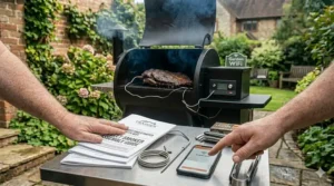 A whole roast chicken on the grill grates of a WiFi pellet smoker, demonstrating the appliance's versatility for outdoor roasting.