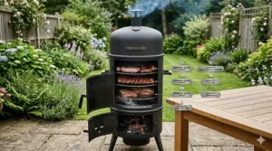 A wide-angle interior view showing three circular stainless steel cooking tiers loaded with briskets, pork ribs, and British sausages to demonstrate capacity.
