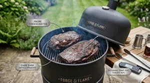 Internal view of the top chamber of a vertical charcoal smoker, showing beef brisket with a dark, caramelised bark and a digital probe thermometer.