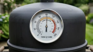 A high-detail close-up of a lid-mounted Celsius thermometer on a vertical charcoal smoker, indicating a steady 110°C smoking temperature.