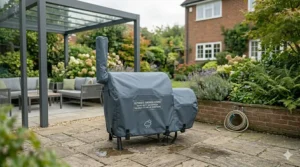 A charcoal smoker protected by a heavy-duty waterproof cover to withstand British weather.
