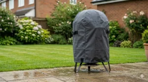 A fitted waterproof BBQ cover protecting a charcoal smoker from the British rain.