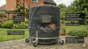 A drum smoker protected by a fitted, weather-resistant charcoal grey cover essential for the British climate.
