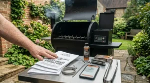 A step-by-step assembly manual and essential tools laid out on a table next to a new WiFi pellet smoker for setup.