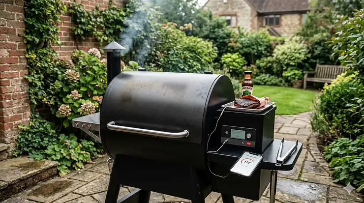 A high-end WiFi pellet smoker situated on a stone patio in a British garden, ideal for outdoor cooking. WiFi pellet smoker