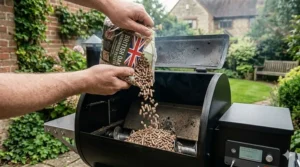 A person pouring premium hardwood pellets into the hopper of a WiFi pellet smoker to prepare for an authentic BBQ.