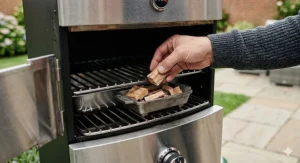 Placing hickory wood chips into the internal smoker tray to create authentic smoky flavour.