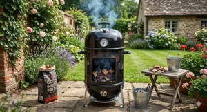 A compact black vertical water smoker for beginners on a garden patio, highlighting an affordable price point under £300.