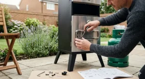 A close-up of a man following an instruction manual to assemble a new gas smoker on a garden patio.