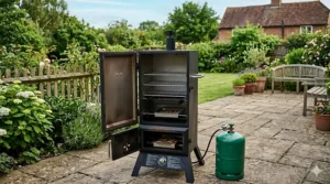 An open vertical gas smoker showing three adjustable chrome cooking racks and a water pan, connected to a green gas bottle on a garden terrace.