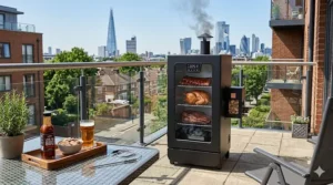 A digital electric smoker with a side wood chip loader, ideal for consistent temperature control on a UK balcony with a London skyline view.
