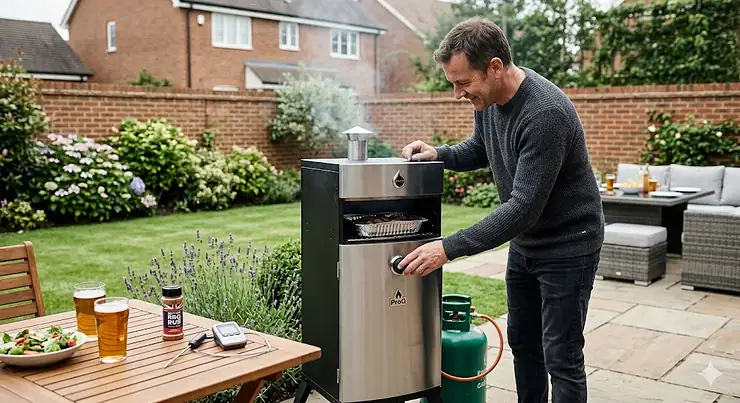 A beginner-friendly vertical gas smoker set up on a British paved patio next to a garden dining set in natural daylight. gas smoker for beginners
