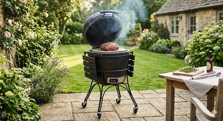 A premium black ceramic kamado grill positioned on a stone patio in a lush British garden, showing the lid open with smoke rising from the charcoal. best kamado grill