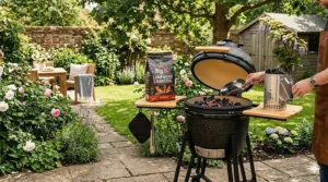 A close-up of high-quality lumpwood charcoal being placed into the fire box of a ceramic barbecue.