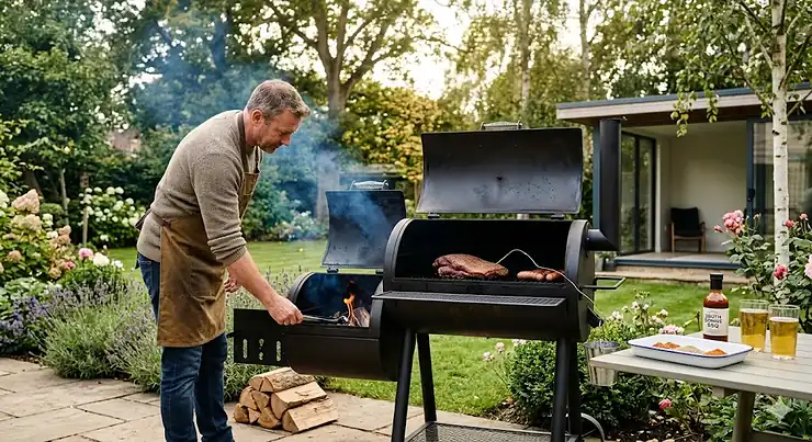 A large black steel offset BBQ smoker positioned on a stone patio in a British garden, priced under £1000. smoker under £1000