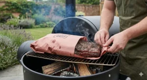 A selection of kiln-dried oak wood chunks and vintage tins of British BBQ dry rub on a rustic stone garden ledge.