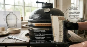 Alt text for image 2: A photorealistic cross-section illustration showing the thick ceramic walls, heat-reflective glaze, and thermal barriers of a budget kamado grill for heat retention.
