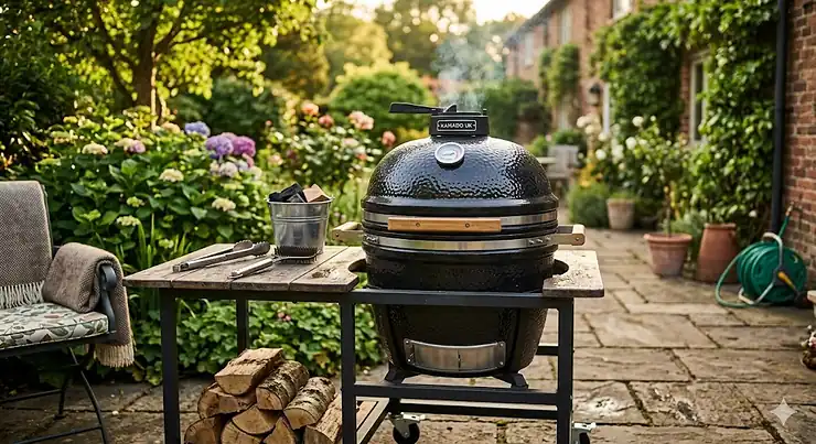 Alt text for image 1: A glossy black ceramic budget kamado grill with wood handles rests on a metal trolley on a stone patio in a traditional British garden. budget kamado grill