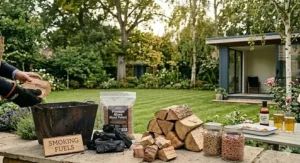 A pile of lumpwood charcoal and kiln-dried hickory wood chunks used for authentic BBQ smoking.