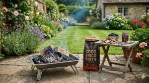 A bag of charcoal briquettes and wood chips on a wooden garden side table next to a smoker tray.