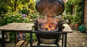 Alt text for image 5: A view into the firebox of a budget kamado showing lumpwood charcoal burning efficiently with uniform heat distribution and convection currents.