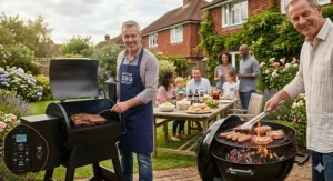 A steak searing over high-heat charcoal flames contrasted with pork ribs cooking at a low temperature in a pellet smoker.