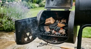 A close-up view of the black offset smoker's side firebox with its door open, revealing glowing charcoal briquettes and oak wood chunks on the internal grate for a low and slow cook.