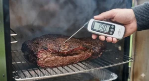 Using a digital meat thermometer to check the internal temperature of a smoked beef brisket inside a gas smoker.
