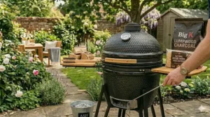 A beginner using an ash tool to clear out the bottom vent of a kamado barbecue to maintain proper airflow.