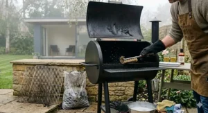 A person using a wire brush to clean a smoker's grill grates to prevent rust during the British winter.